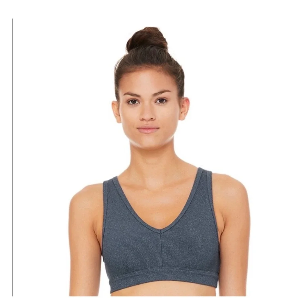 Alo Yoga togetherness Surplice Ribbed Sports Bra Small Blue Wrap Front Racerback